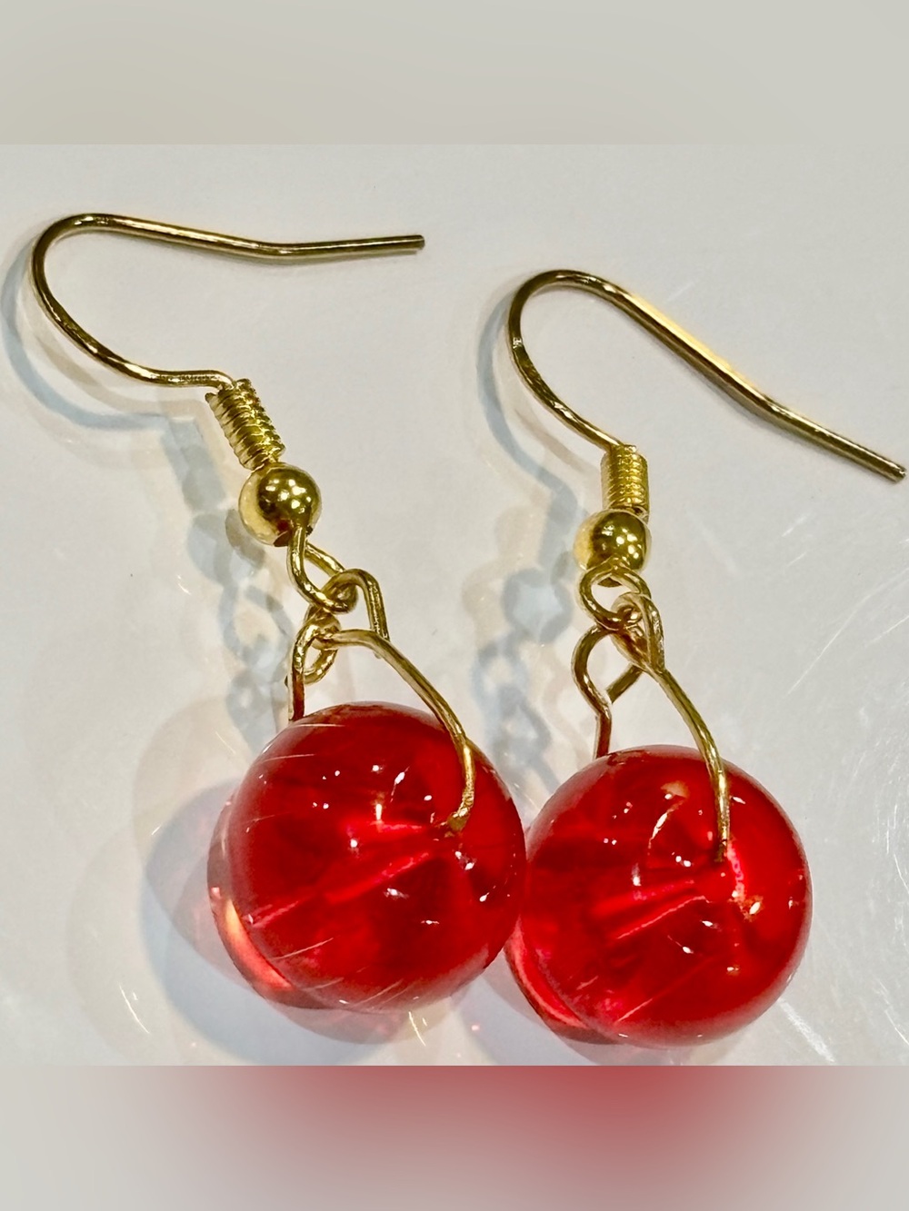 Handcrafted Gold-toned Hook Red Glass Bead Drop Earrings